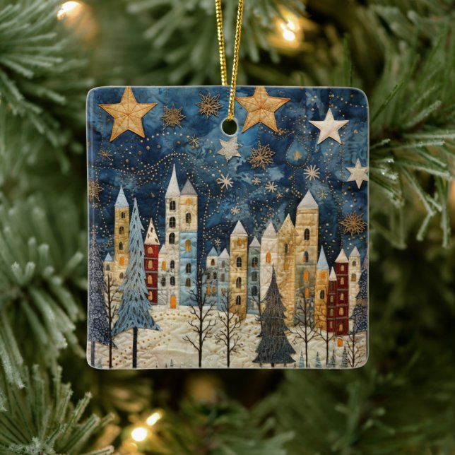 Christmas Village Patchwork Quilt Ceramic Ornament (Tree)