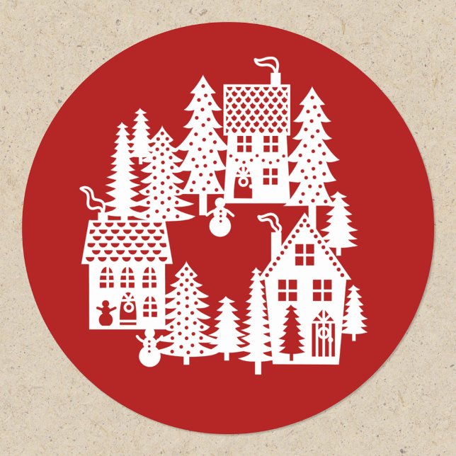 Christmas Village Red and White Classic Round Sticker (Red and white festive Christmas Village stickers)