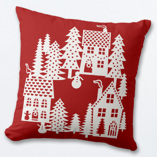 Christmas Village Red and White Cushion