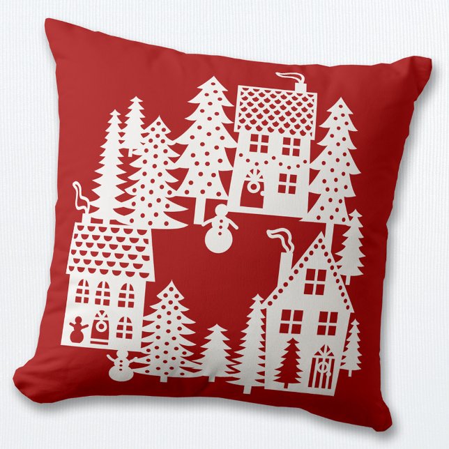 Christmas Village Red and White Cushion (Christmas snowy village scene red and white pillow)