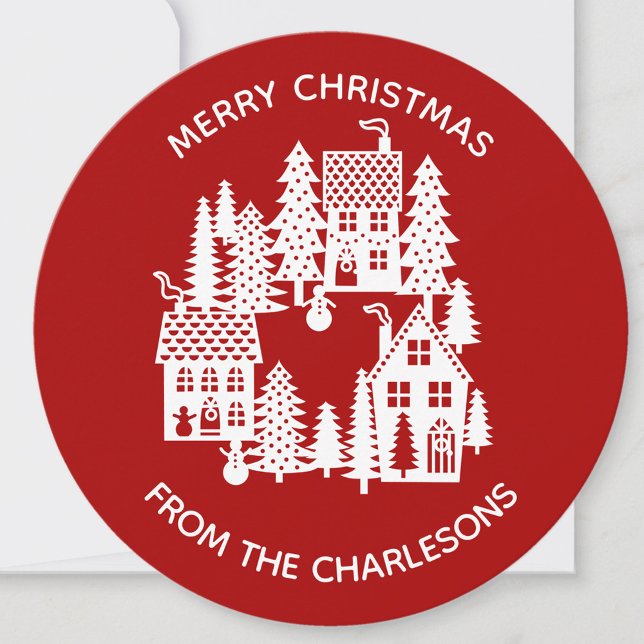 Christmas Village Red and White Personalised Holiday Card (Christmas Village personalized holiday card)