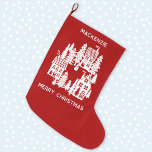 Christmas Village Red and White Personalised Large Christmas Stocking<br><div class="desc">A little Christmas village nestled in the snow.  Original art by Nic Squirrell.  Change the greeting and name to personalise.</div>