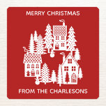 Christmas Village Red and White Personalised Square Sticker<br><div class="desc">A little Christmas village nestled in the snow.  Original art by Nic Squirrell.  Change the greeting and name to personalise.</div>