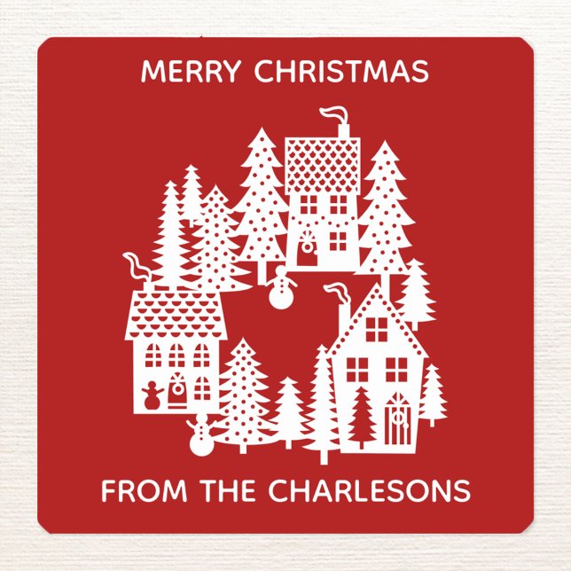 Christmas Village Red and White Personalised Square Sticker (Personalized text and name festive Christmas village stickers)