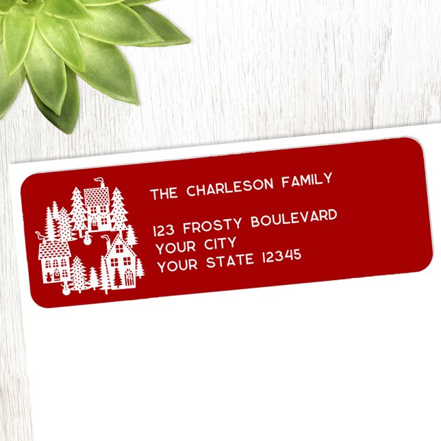 Christmas Village Red and White Return Address Label (Christmas Village red and white personalized custom text return address label for the winter Holiday)