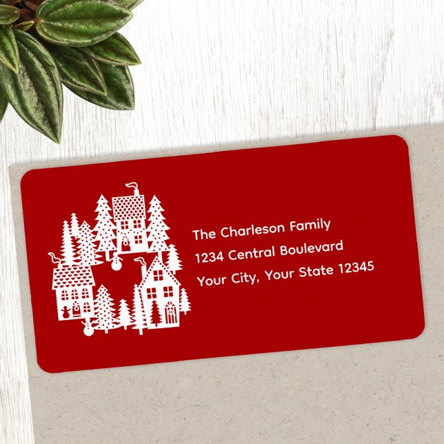 Christmas Village Red and White Return Address Label (Festive red and white Christmas Village personalized return address labels)