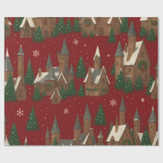 Christmas Village | Red with Snowy Houses & Pines Wrapping Paper