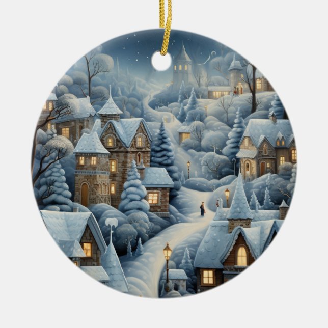 Christmas Village Scene Ceramic Ornament (Front)