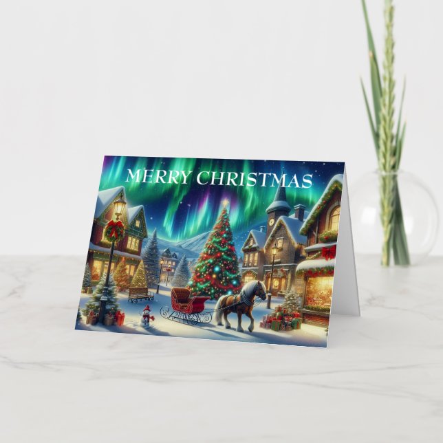 Christmas Village Snowy Scene Painting Foil Holiday Card (Front)