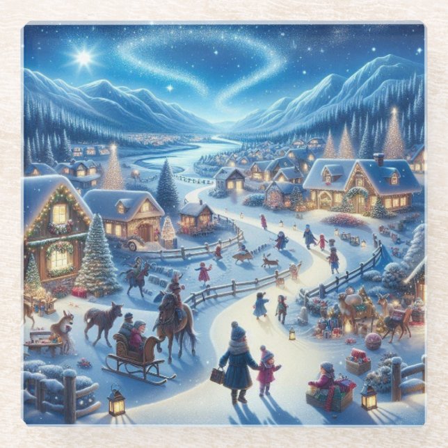 Christmas Village Snowy Scene Painting Glass Coaster (Front)