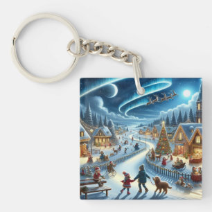 Christmas Village Snowy Scene Painting Key Ring