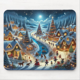 Christmas Village Snowy Scene Painting Mouse Pad