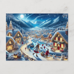 Christmas Village Snowy Scene Painting Postcard