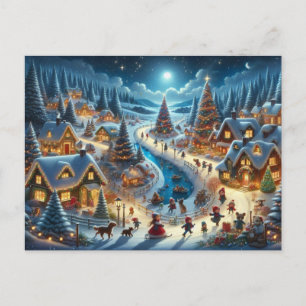 Christmas Village Snowy Scene Painting Postcard