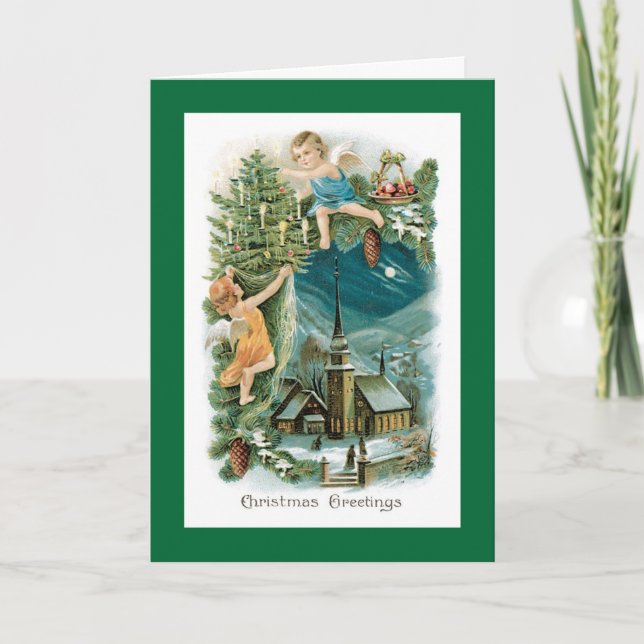 Christmas Village with Cherubic Angels Holiday Card (Front)