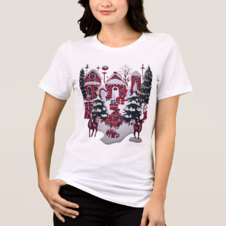 Christmas village with trees, gifts and reindeer Tri-Blend shirt