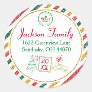Christmas Vintage Air Mail Gold Glitter Address Classic Round Sticker