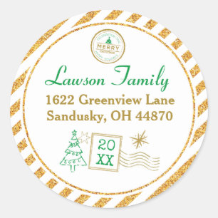 Christmas Vintage Air Mail Gold Glitter Address Classic Round Sticker