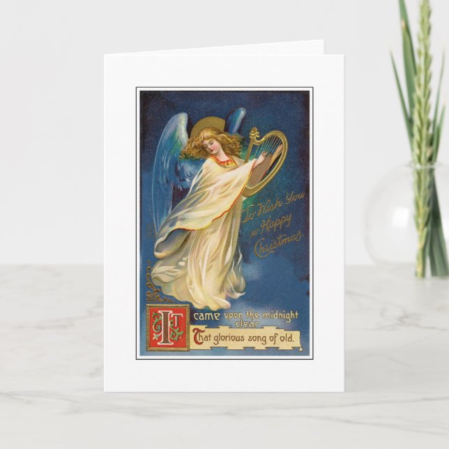 Christmas Vintage Angel With Harp Greeting Card (Front)
