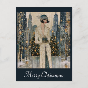 Christmas Vintage Art Deco City Flapper Woman Postcard