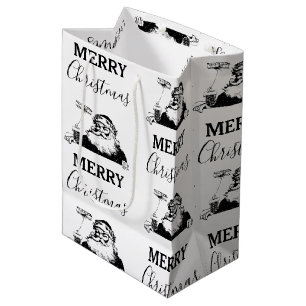Christmas Vintage Black White Santa Claus Medium Gift Bag