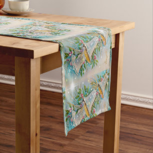 Christmas Vintage Blue Silver Bells Sparkle Stars Short Table Runner