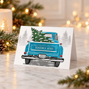 Christmas Vintage Blue Truck Business Corporate Holiday Card