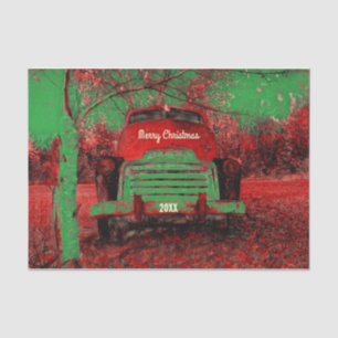 Christmas Vintage Bright Red Green Rustic Truck Tissue Paper