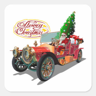 Christmas vintage car square sticker