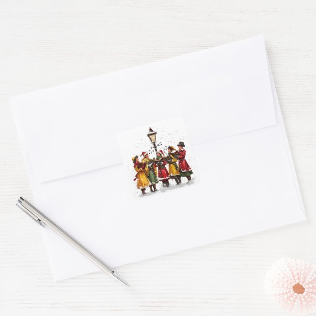  Christmas Vintage Carolers Lamp Post Square Sticker (Envelope)