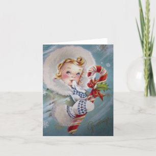 Christmas Vintage Girl With Candy Cane Holiday Card