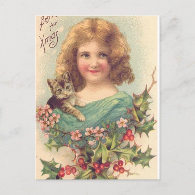 Christmas Vintage Girl With Cat Holiday Postcard (Front)