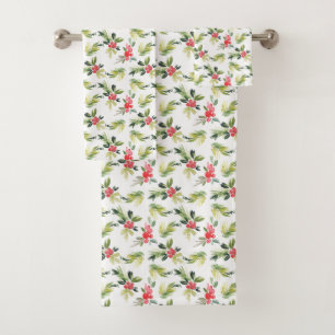 Christmas   Vintage Holly, Berry & Pine Pattern Bath Towel Set