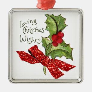 Christmas Vintage Holly with 'Glitter' Bow Metal Ornament