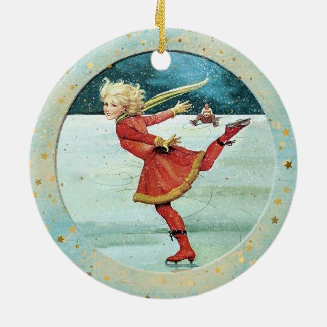 Christmas Vintage Ice Skaters Ceramic Ornament (Back)