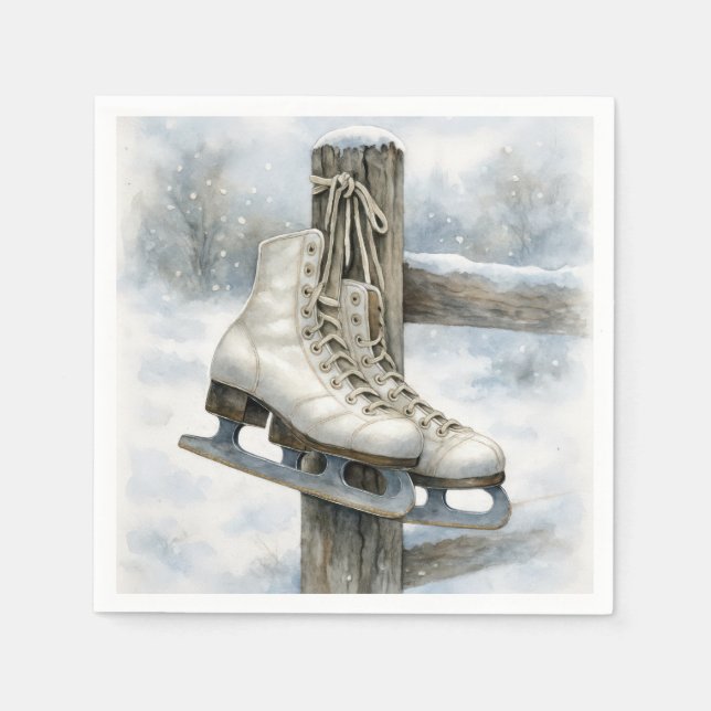 Christmas Vintage Ice Skates On Fence Post Napkin (Front)