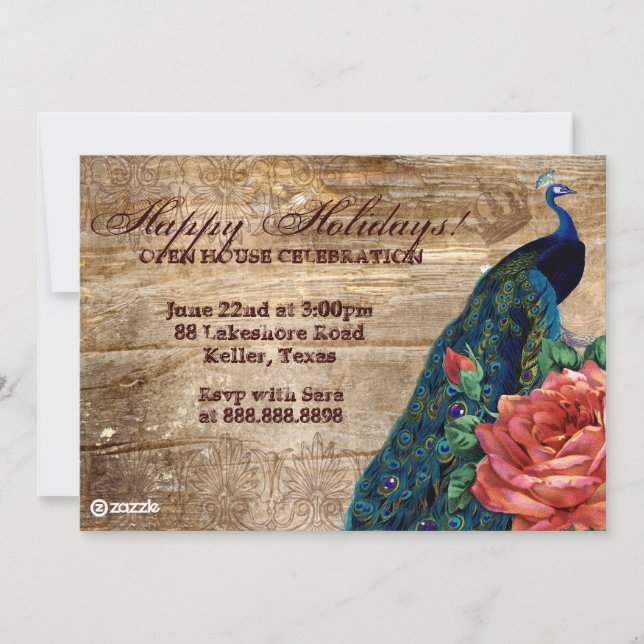 Christmas Vintage Photo Card Peacock Rose Wood (Front)