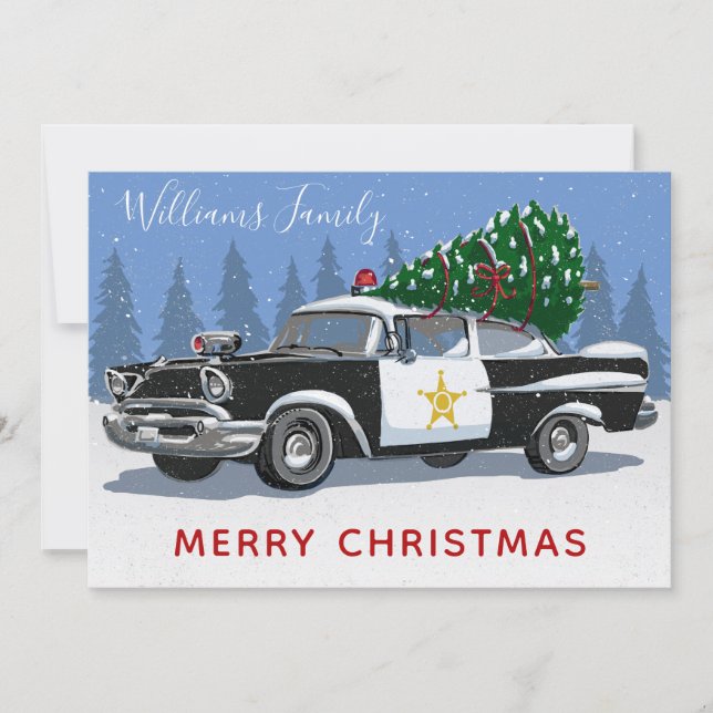 Christmas Vintage Police Car Tree Monogram Holiday Card (Front)