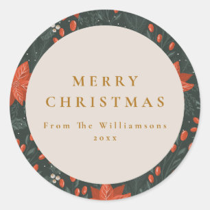 Christmas Vintage Red Botanical Greenery Custom Classic Round Sticker