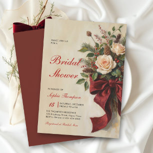Christmas Vintage Red Bow Floral Bridal Shower Invitation