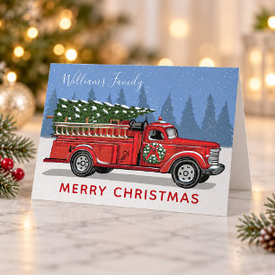 Christmas Vintage Red Fire Truck Family Name Holiday Card