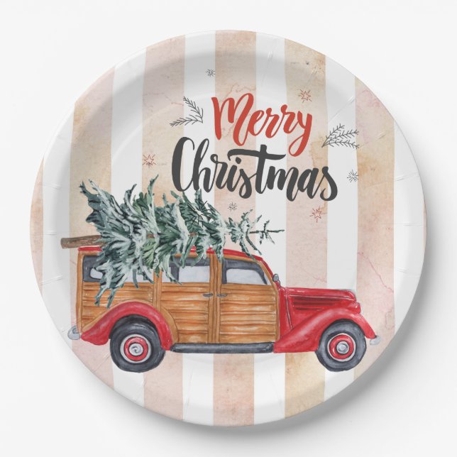 Christmas Vintage Red Panel Truck Paper Plate (Front)