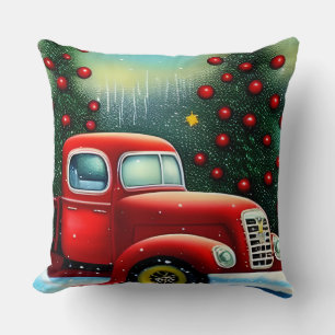Christmas Vintage Red Truck and Snow Trees Throw P Cushion
