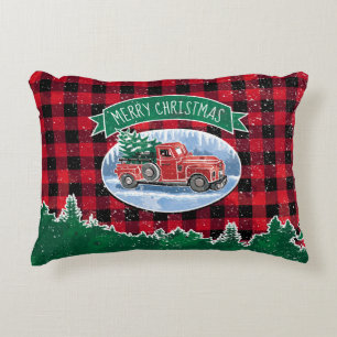 Christmas Vintage Red Truck Buffalo Plaid Add Name Decorative Cushion