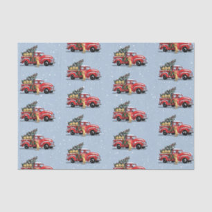 Christmas Vintage Red Truck Dogs Blue Gray Snow Tissue Paper