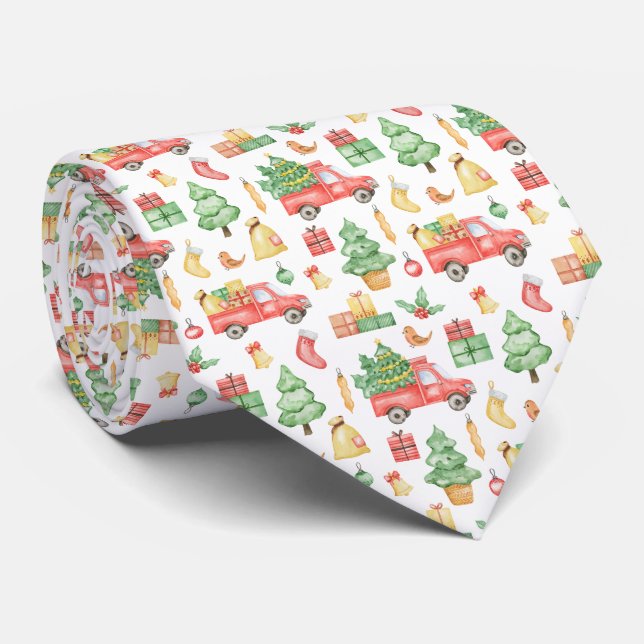 Christmas Vintage Red Truck Pattern Tie (Rolled)