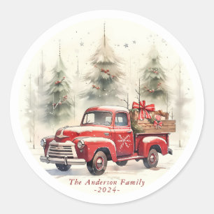 Christmas Vintage Red Truck Round Stickers