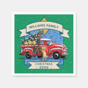 Christmas Vintage Red Truck w/ Dogs Family Name Napkin