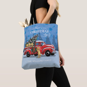 Christmas Vintage Red Truck w/ Dogs Family Name Tote Bag
