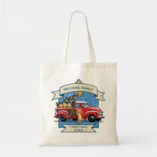 Christmas Vintage Red Truck w/ Dogs Family Name Tote Bag